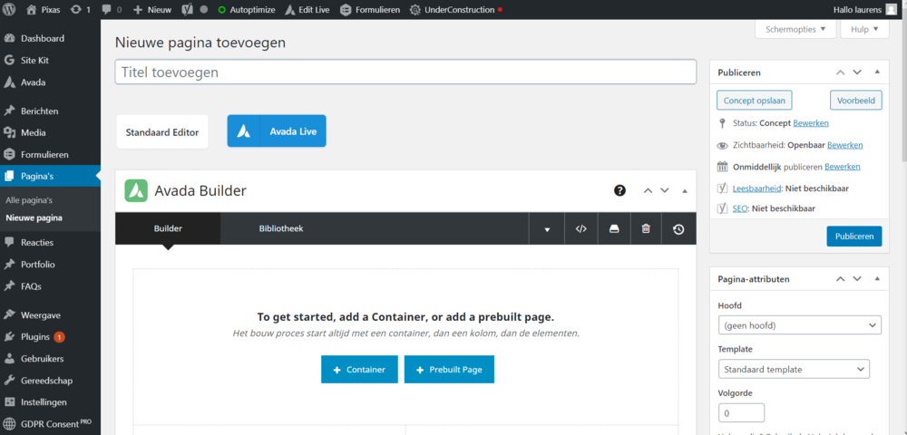 Avada Builder scherm